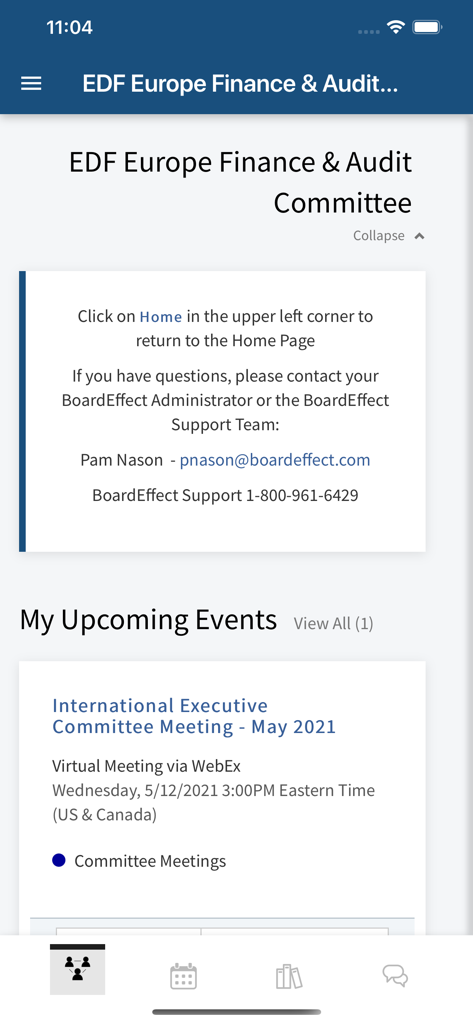 El panel de la aplicación móvil BoardEffect que muestra las próximas reuniones de comité y la información de contacto del administrador.