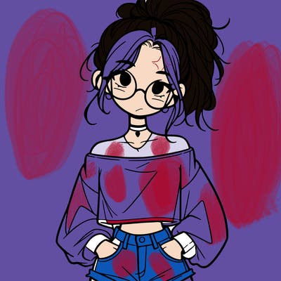 girl with a messy ponytail glasses a baggy crop top and jean shorts