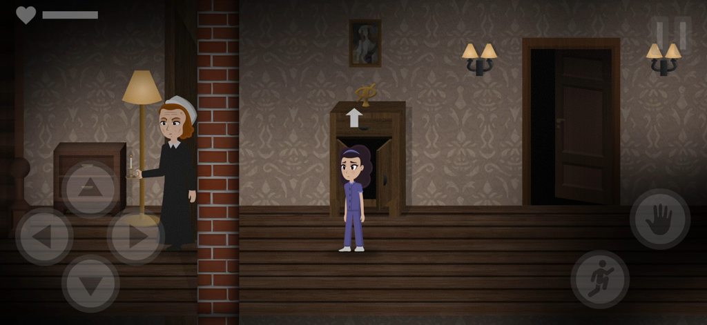 Mr. Hopp's Playhouse 2 HD - A screenshot of Esther exploring a dark hallway in the Blacklands Manor Orphanage from Mr. Hopps Playhouse 2 HD.