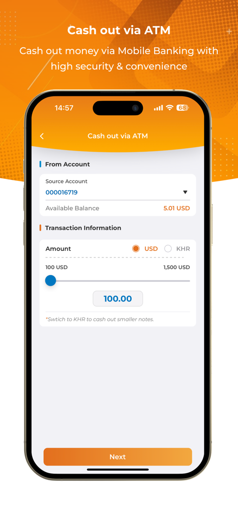 CPBank Mobile Banking app screen showing the cardless ATM cash out feature with account selection and amount slider.