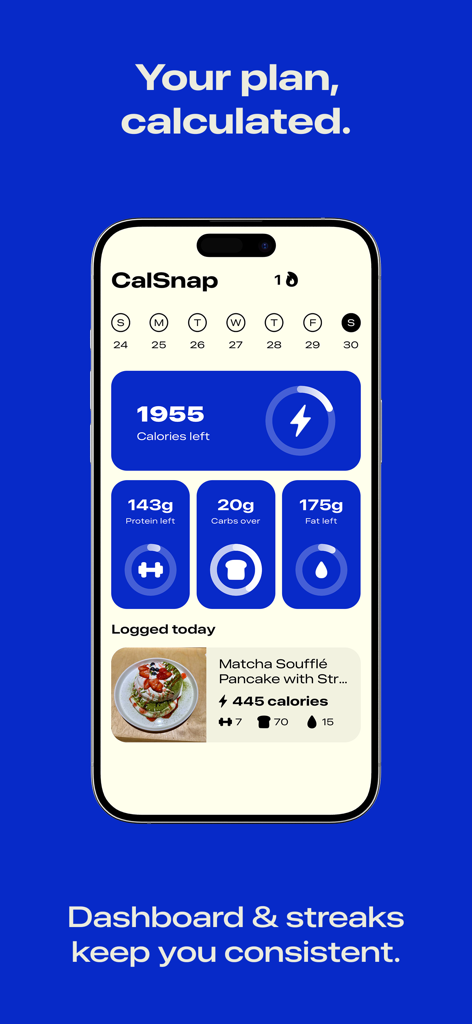 CalSnap app dashboard showing calorie and macro tracking with a logged meal
