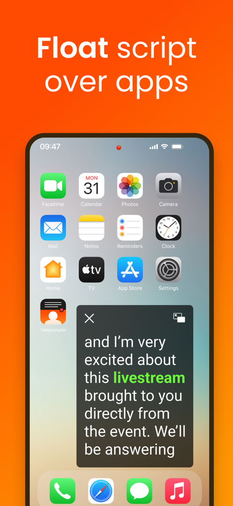 Teleprompter for Video app displaying a floating script window over phone apps for livestreaming.
