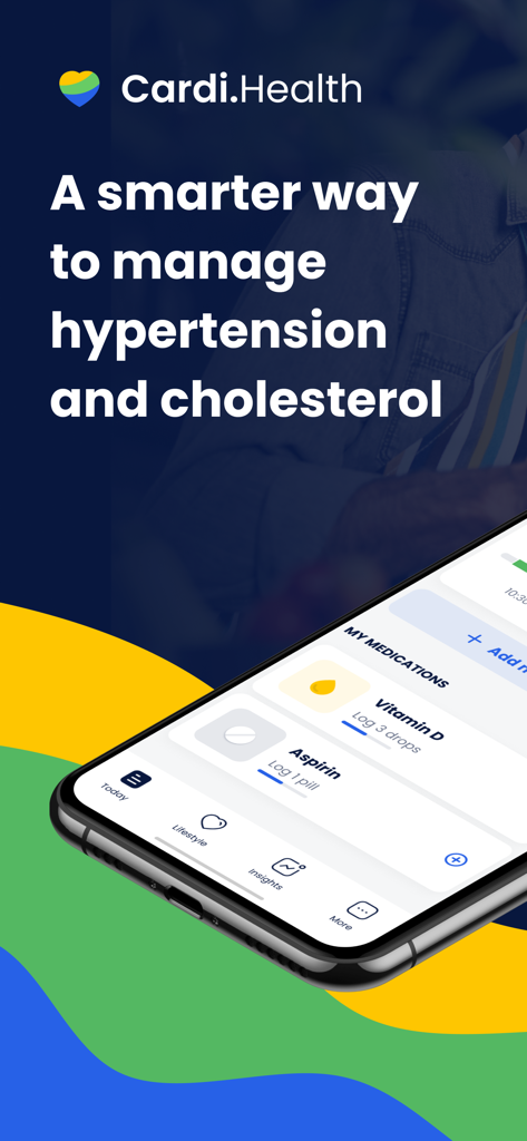 Cardi Health: Heart Health App - Cardi Health app interface showing medication tracking for managing hypertension and cholesterol