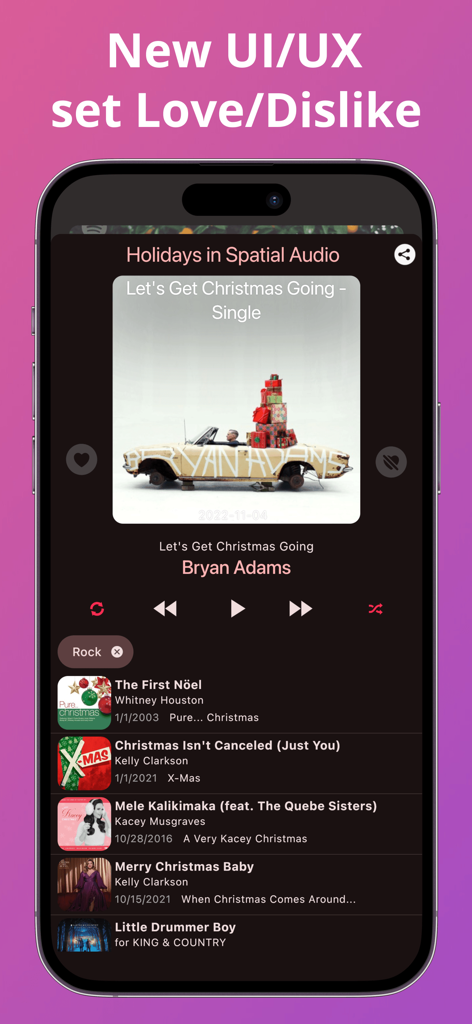 Music player screen of the Meows app featuring love and dislike buttons for songs and a new UI design