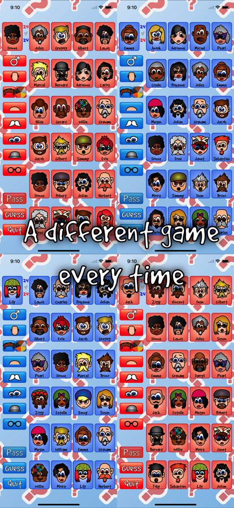 Collage de pantallas de juego mostrando diferentes personajes y tableros en ¿Adivina la Persona?