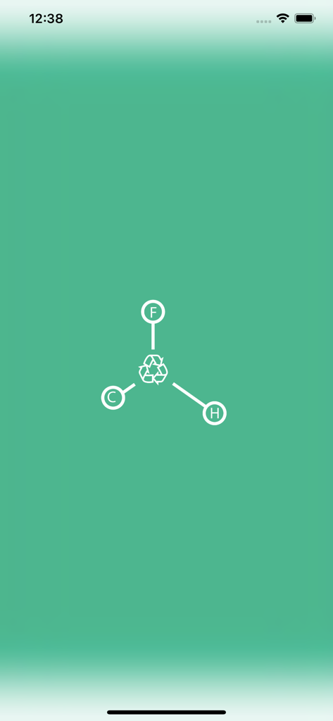 F-Gas Toolモバイルアプリのスプラッシュスクリーン。緑色の背景にリサイクルシンボルが付いた分子のロゴが特徴です。