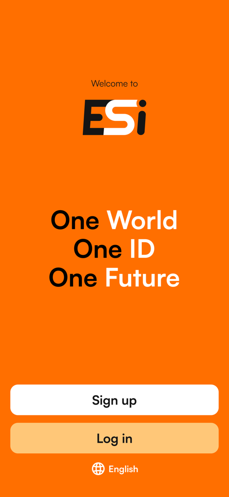 Pantalla de bienvenida de la app ESi Pay sobre fondo naranja con el eslogan Un Mundo, Una Identidad, Un Futuro y botones para registrarse o iniciar sesión