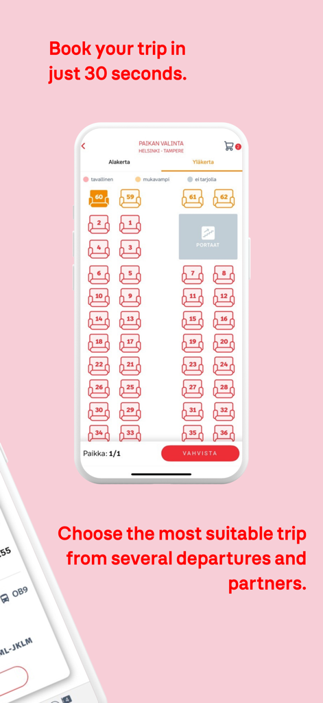 The OnniBus app interface for choosing and reserving a bus seat.