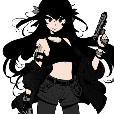 bad girl wearing crop top holding a gun long hair anime