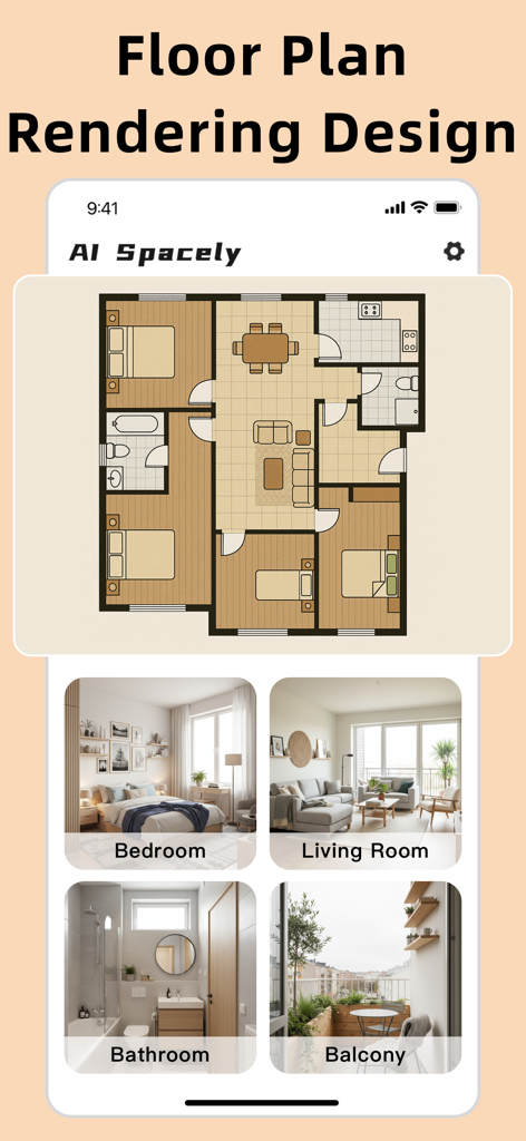 Interior Design：AI Spacely - AI Spacelyアプリのインターフェース。寝室、リビングルーム、バスルーム、バルコニーの2Dフロアプランレイアウトとリアルなインテリアデザインレンダリングを表示。