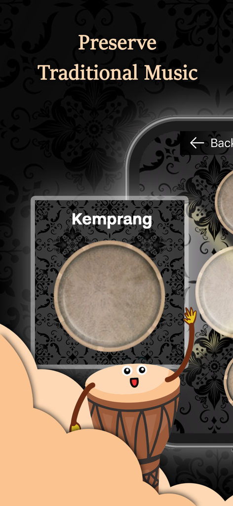 Real Kendang - Real Kendang app interface showing a Kemprang drum with the text Preserve Traditional Music