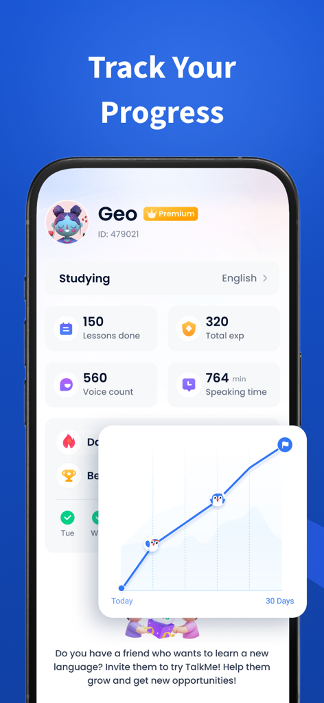 TalkMe App Dashboard mit Lernfortschrittsstatistiken und einem Wachstumsdiagramm