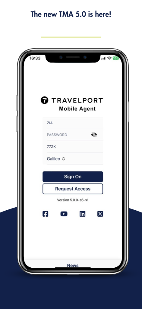 Login screen for Travelport Mobile Agent app showing GDS credential fields and sign on button