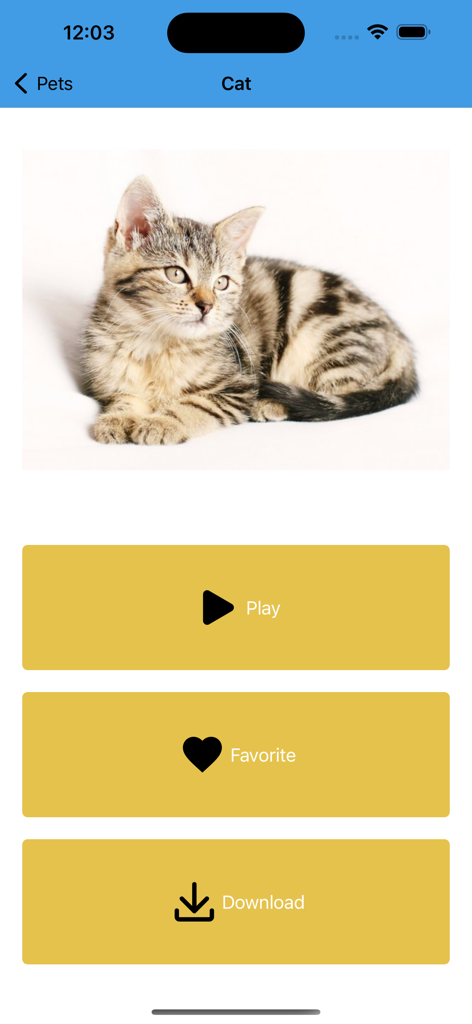 Pantalla de la aplicación móvil que muestra la selección de un sonido de gato con botones de reproducción, favorito y descarga