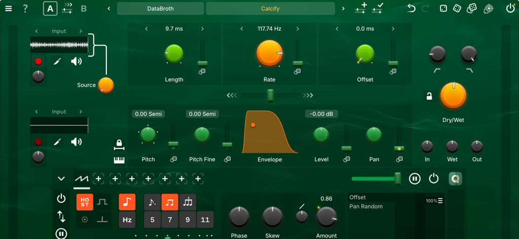 GSDSP Quantum Granulator - GSDSP Quantum Granulatorアプリのプロフェッショナルなグラニュラーシンセサイザーインターフェース。グレインの長さ、レート、ピッチのコントロールが表示されます。