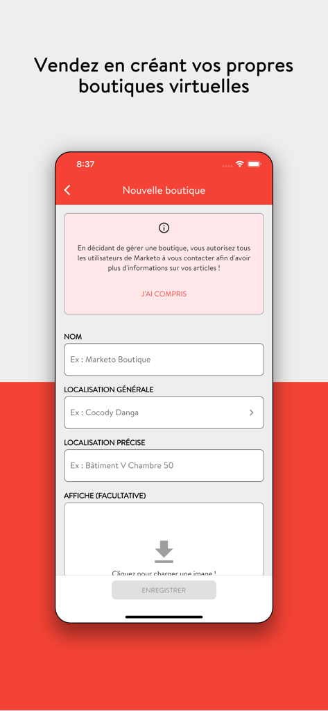 Marketo - Interface of the Marketo app showing the form to create a new virtual shop with fields for name and location.