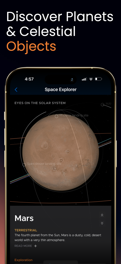 Space Explorer:Astronomy Guide - Space Explorer app interface showing a detailed view of planet Mars with landing site markers and astronomical facts