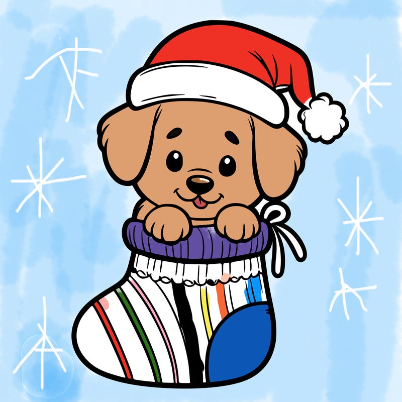 cute puppy wearing santa hat in socking
