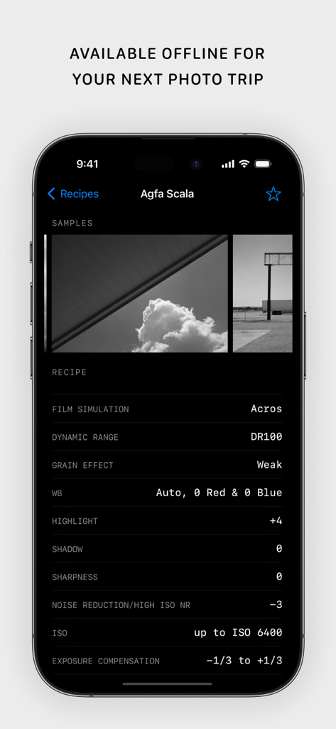 후지필름 카메라용 샘플 흑백 사진과 함께 아그파 스칼라 필름 레시피 설정이 표시되는 스마트폰 화면.