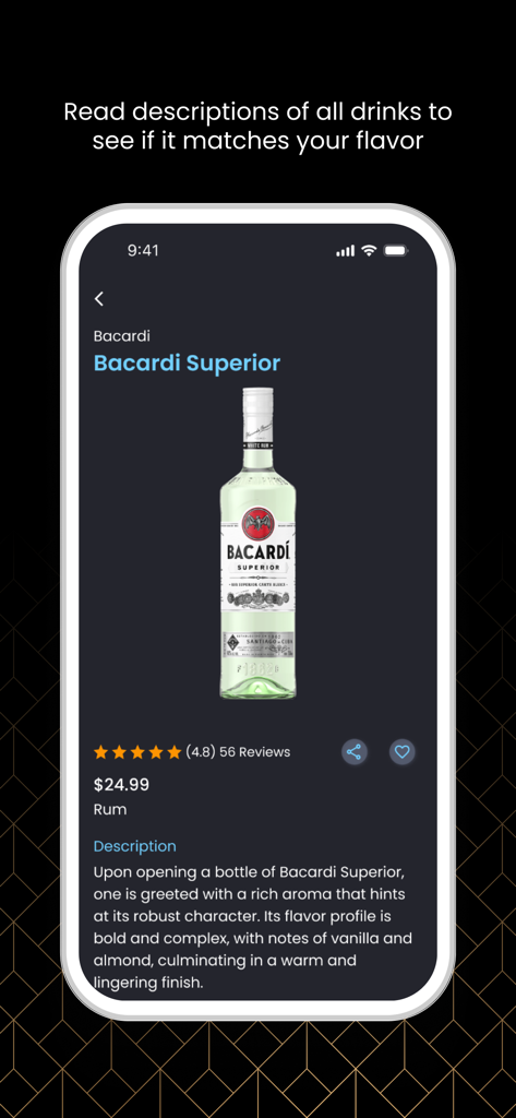 The Bar Book - A screenshot of The Bar Book app showing flavor details and ratings for Bacardi Superior rum