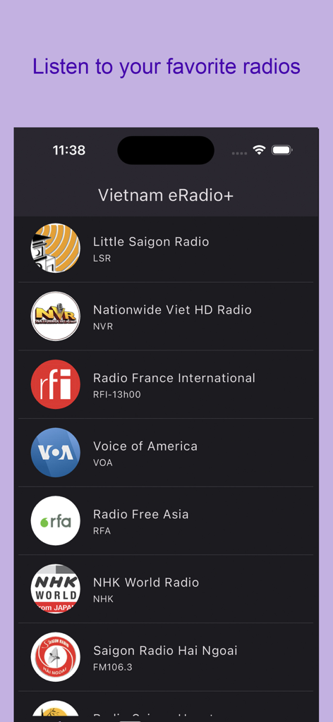 Vietnamese radio stations selection screen in the Vietnam eRadio plus app
