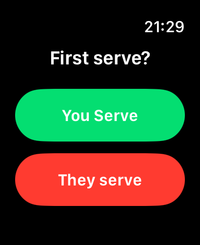 Voleo - VoleoアプリのApple Watch画面、大きな緑と赤のボタンで先にサーブするユーザーを選択