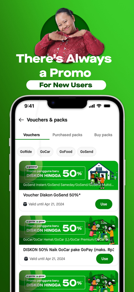 Gojek app interface displaying discount vouchers and promotional offers for new users