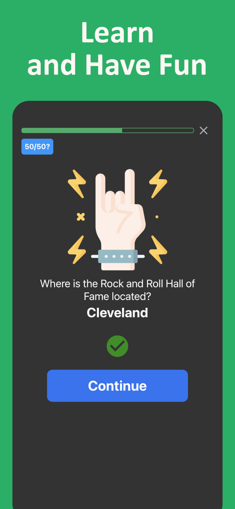 US geography quiz app displaying a trivia question about the Rock and Roll Hall of Fame.