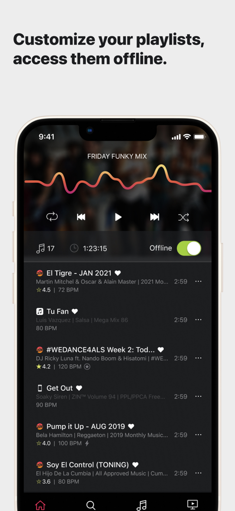 ZIN Play app interface showing a music playlist with offline mode enabled including BPM and rhythm details for Zumba instructors