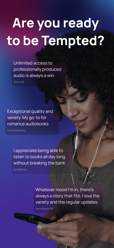 Tempt: Romance Audiobooks - Uma mulher ouvindo audiolivros em seu smartphone com depoimentos positivos de usuários exibidos na tela.