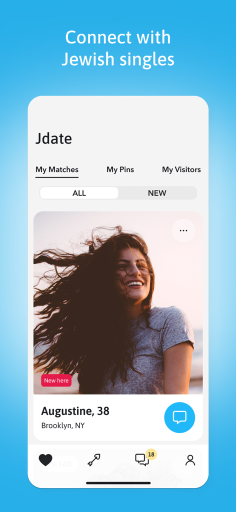 Interface de l'application Jdate montrant le profil d'un utilisateur dans la section Mes correspondances pour les célibataires juifs