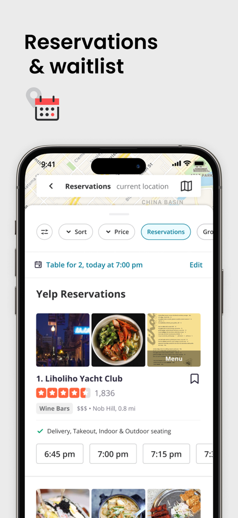 Interface do aplicativo Yelp para reservar restaurantes e visualizar listas de espera