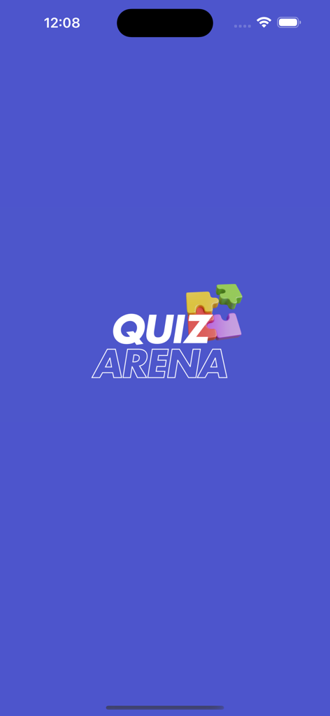 QuizArena - QuizArena app splash screen featuring the game logo and colorful puzzle pieces over a solid purple background