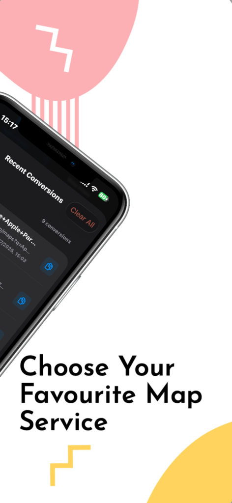 MapSwitch: Convert Map Links! - A screenshot of the MapSwitch app showing recent link conversions and the text Choose Your Favourite Map Service