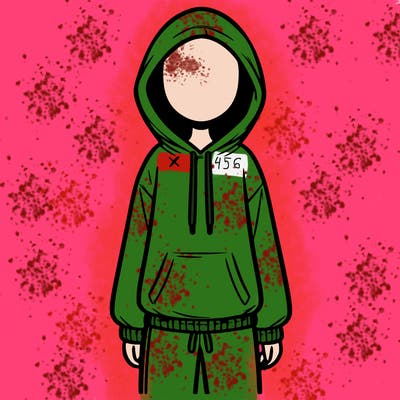 faceless girl in a tracksuit with a hood on and no hair