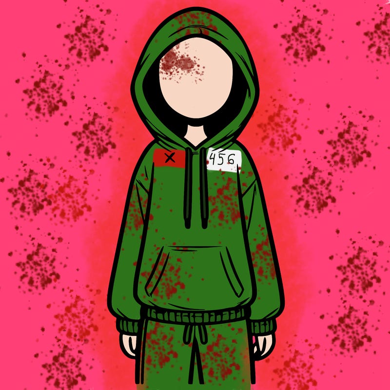 faceless girl in a tracksuit with a hood on and no hair