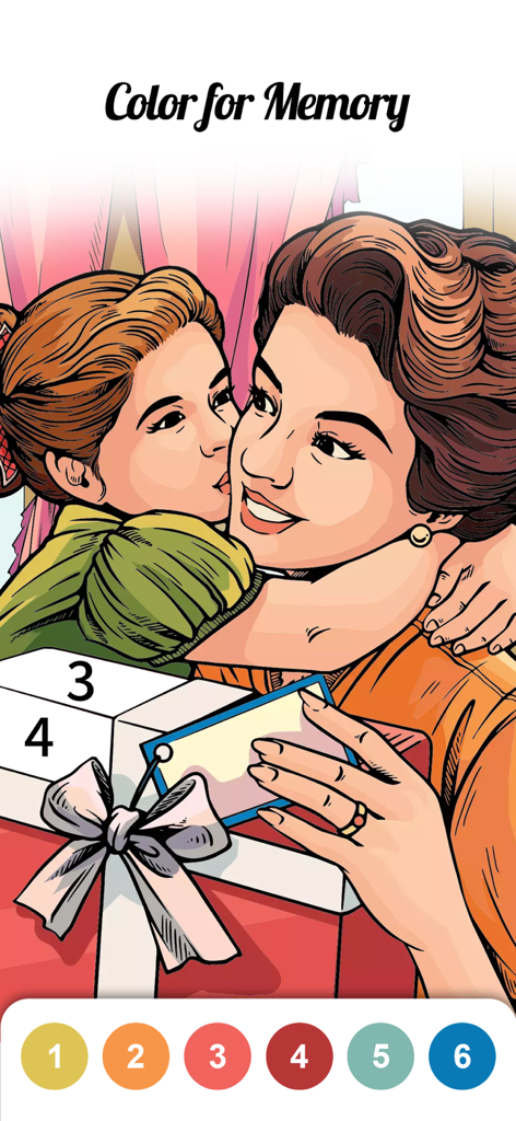 Calm Color-Color By Number - A mother and daughter embracing in a nostalgic color-by-number illustration