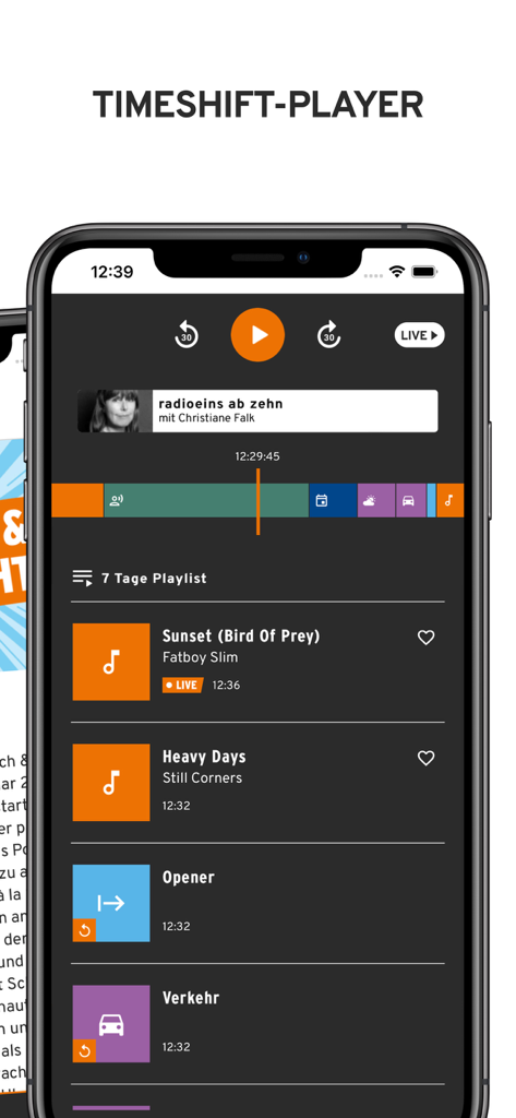 Interfaz de la aplicación radioeins que muestra el reproductor con desfase horario con modo oscuro y una lista de reproducción de siete días