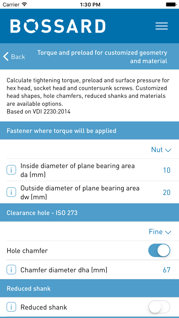 Bossard Fastener Calc app interface for torque and preload calculations with customized geometry and material inputs