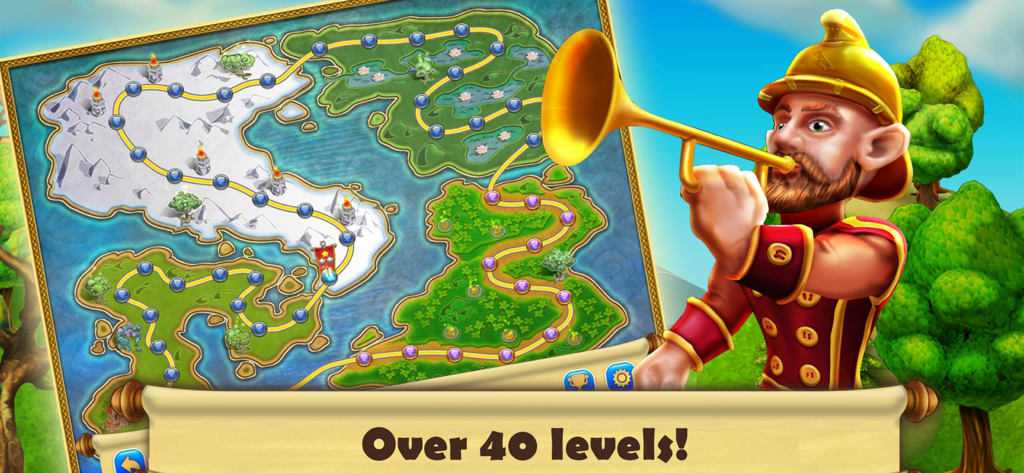 A world map screen showing level paths and a gnome character blowing a trumpet.