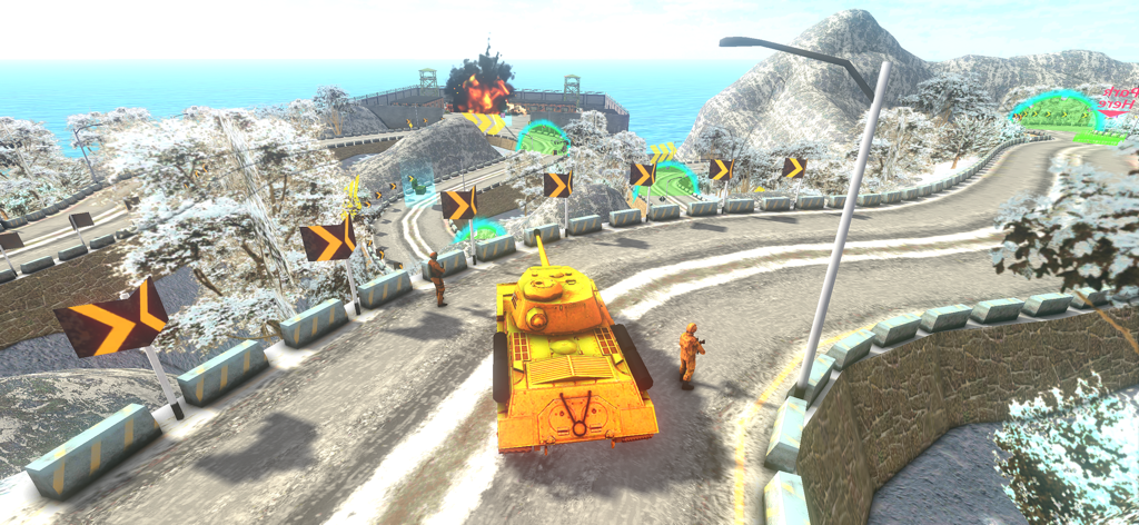 Army Cargo Truck Driving Games - Ein gelber Militärpanzer fährt auf einer kurvenreichen verschneiten Bergstraße mit Soldaten und einer Explosion im Hintergrund