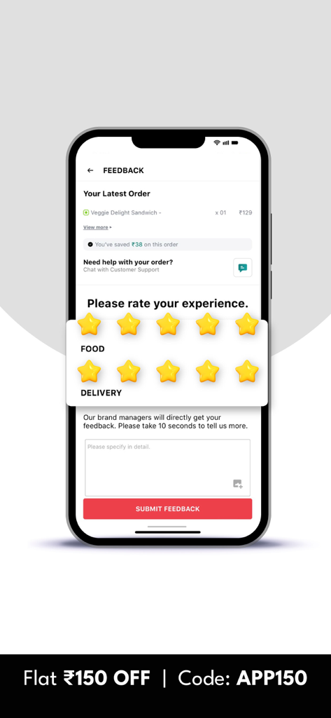 BOX8: Food Delivery App - BOX8 app feedback screen with star ratings for food and delivery services