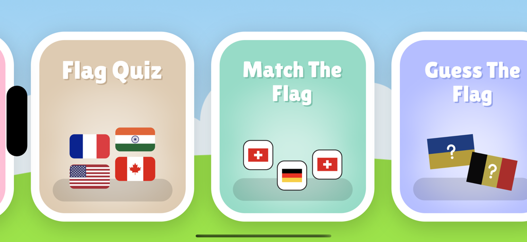 World Countries Flags - Learn - Tela do menu do aplicativo Bandeiras de Países do Mundo mostrando diferentes modos de jogo como Quiz de Bandeiras, Combine as Bandeiras e Adivinhe a Bandeira