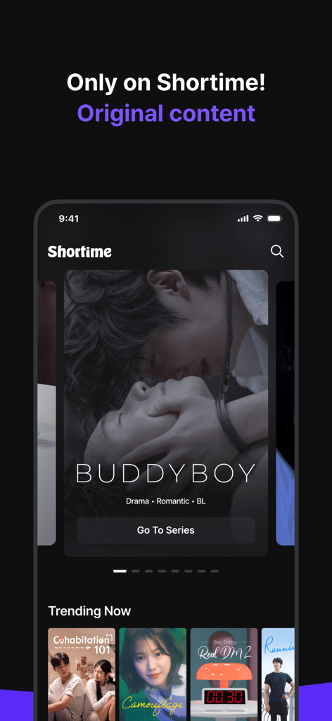Shortime app interface showcasing original K-Drama series and trending shows