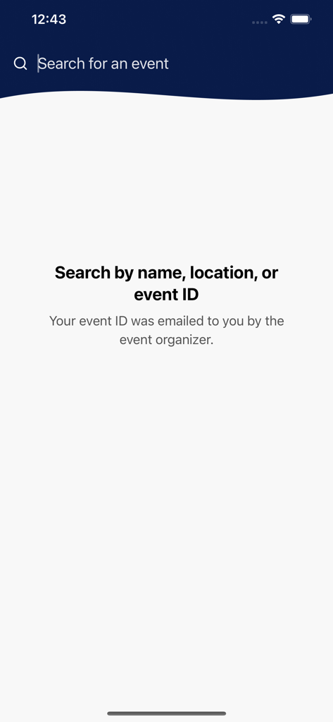 Tela de busca para encontrar eventos de tecnologia por nome, local ou ID do evento no aplicativo ITEXPO.