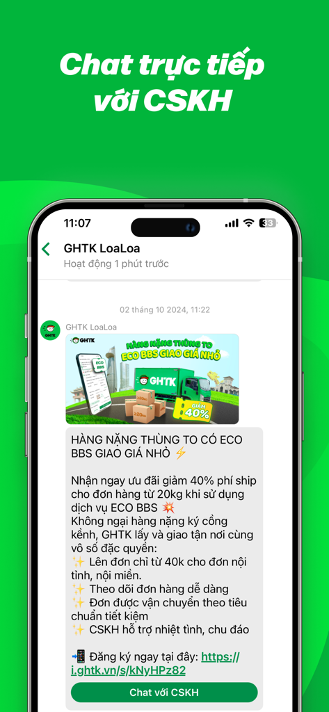 Screenshot of the GHTK app showing a direct chat window for customer support and delivery promotions