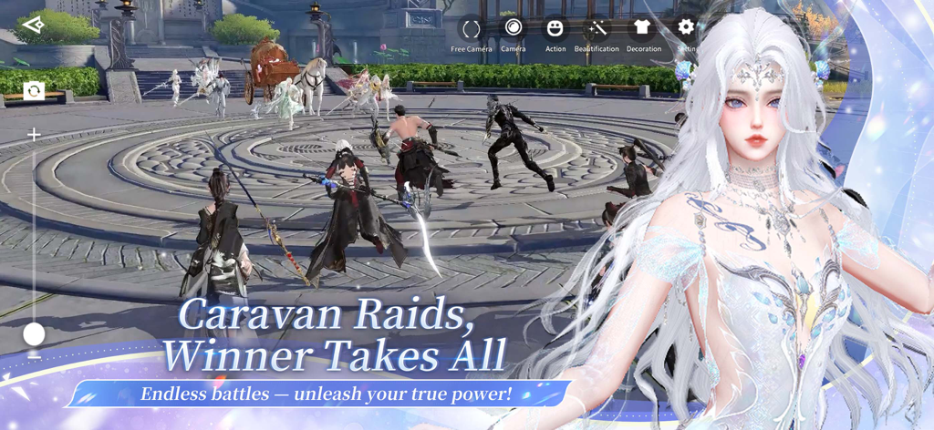 Revelation M - Un personaje de fantasía de pelo blanco frente a una batalla de incursión de caravana en Revelation M