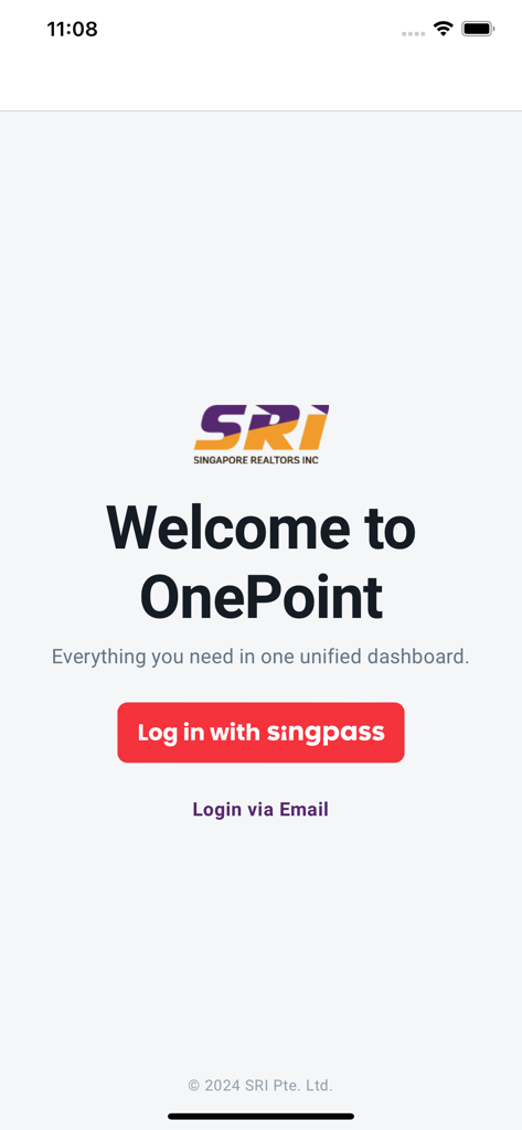 Tela de boas-vindas do aplicativo OnePoint mostrando opções de login para profissionais de imóveis