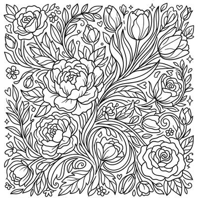 Celebrate the beauty of spring with this stunning line art coloring page, overflowing with intricate floral patterns. Unwind and bring to life a garden of blooming flowers and delicate leaves with your favorite colors.