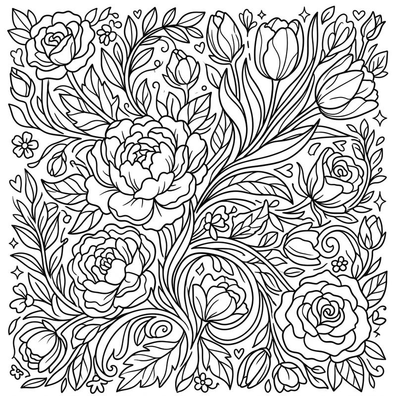 Celebrate the beauty of spring with this stunning line art coloring page, overflowing with intricate floral patterns. Unwind and bring to life a garden of blooming flowers and delicate leaves with your favorite colors.